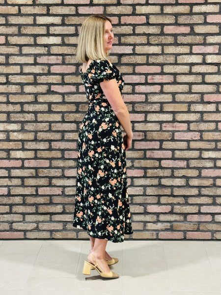Floral Front Tie Dress - Black Multi