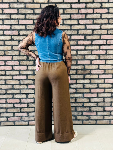 Linen Effect Palazzo Pants - Cappuccino