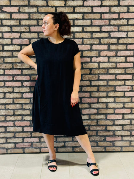 Linen Oversized Midi Dress - Black
