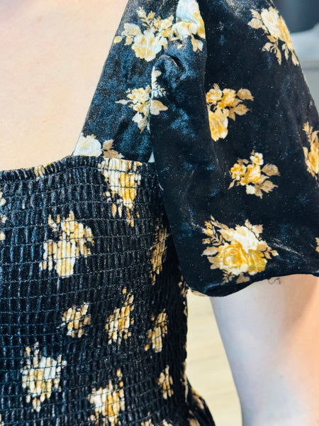 Floral Velvet Midi Dress - Black Multi