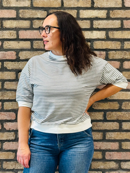 Striped Contrast Trim Top - Charcoal