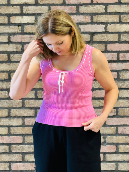 Front Tie Knit Tank Top - Pink