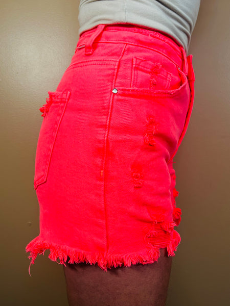 High Rise Distressed Details Shorts - Coral