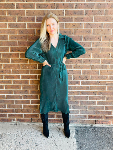 Plisse Maxi Shirt Dress - Hunter Green