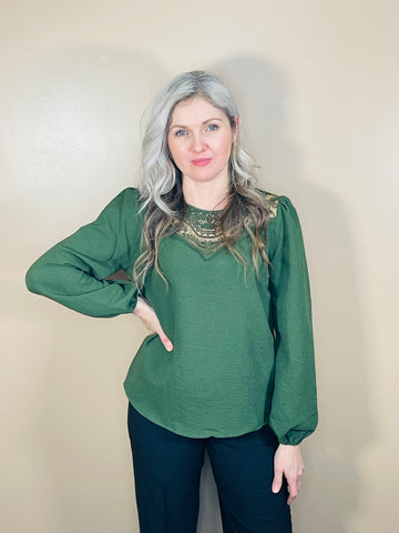 Crochet Lace Panel Woven Blouse - Olive