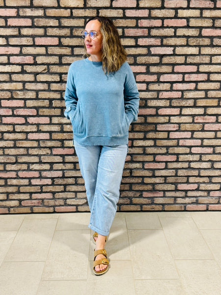 Acid Wash Fleece Pullover - Blue Grey