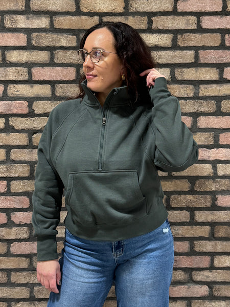 Thumbholes Half Zip Sweatshirt - Chic Green