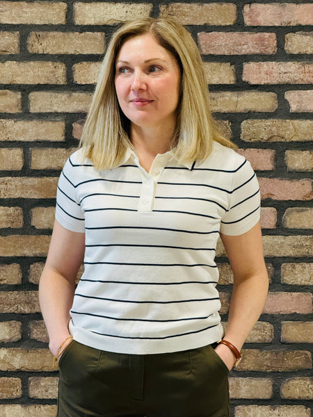 Striped Polo Knit Top - Cream/Navy