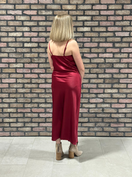 Satin Cowl Neck Midi Dress - Burgundy