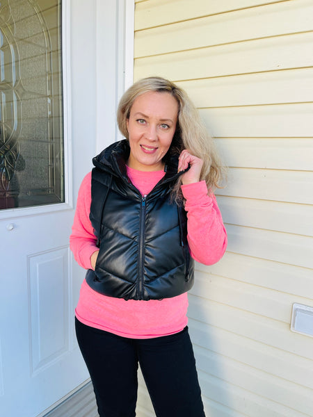 Faux Leather Puffer Vest - Black