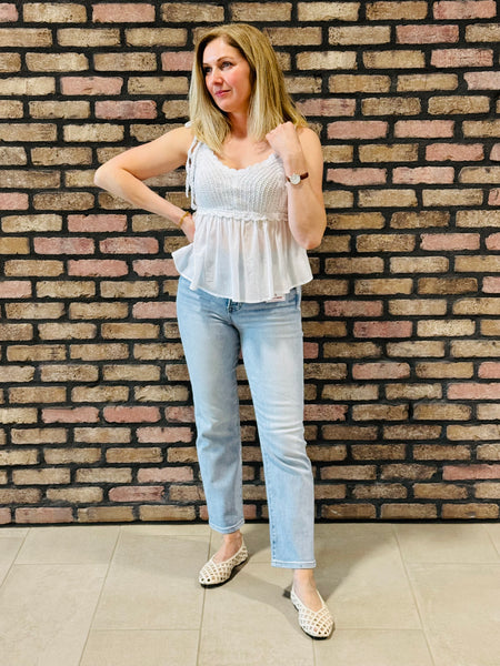 Crochet Tie Straps Peplum Top - White