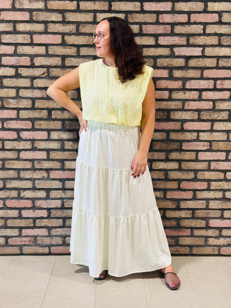 Bubble Hem Cotton Eyelet Top - Pale Yellow