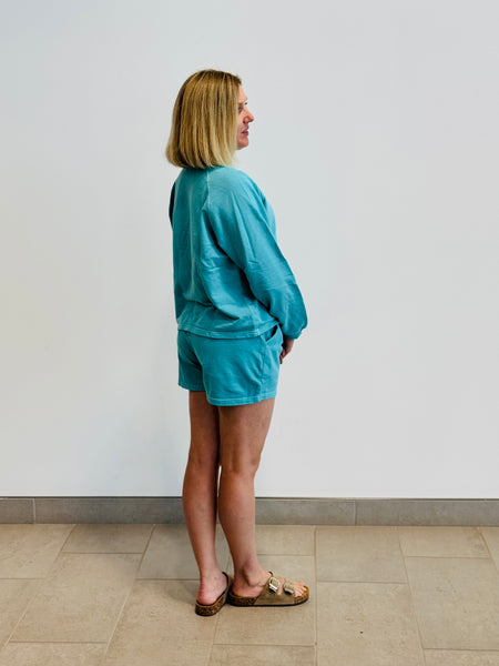 French Terry Pullover and Shorts Set - Turquoise