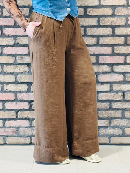 Linen Effect Palazzo Pants - Cappuccino