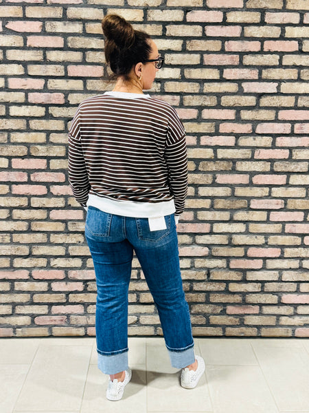 Striped Rib Banded Pullover - Chocolate