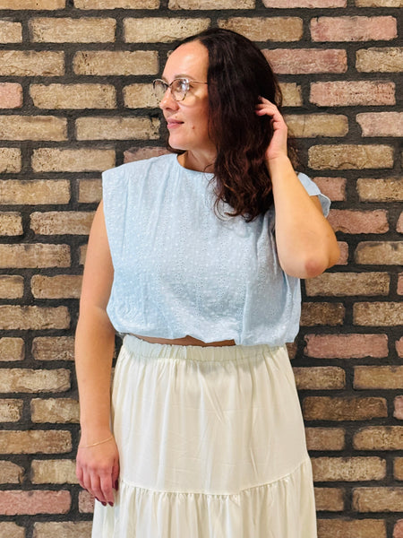 Bubble Hem Cotton Eyelet Top - Ice Blue