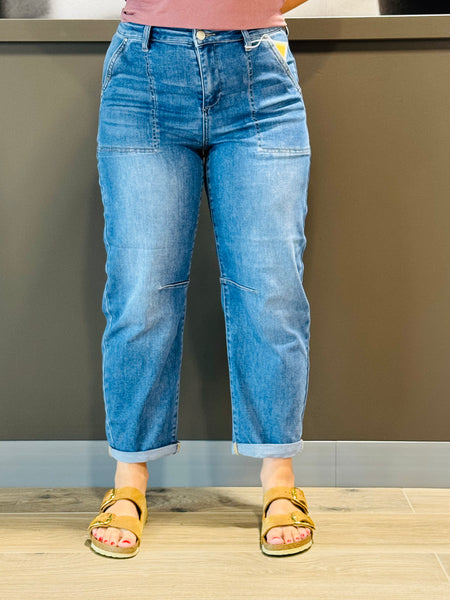 Barrel Patch Pockets Jeans - Medium Wash