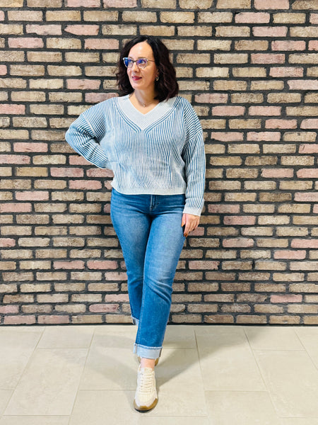 Two-Toned V-Neck Sweater - Blue
