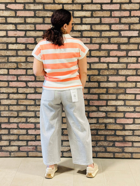 Striped Collared Pullover - Coral