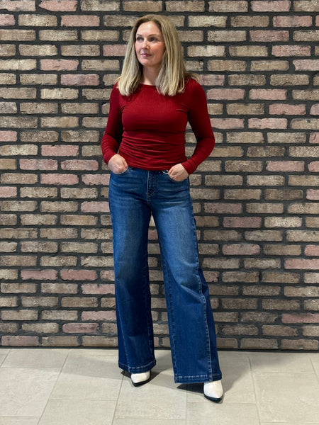 Wide Leg Contrast Side Panel Jeans - Dark Wash