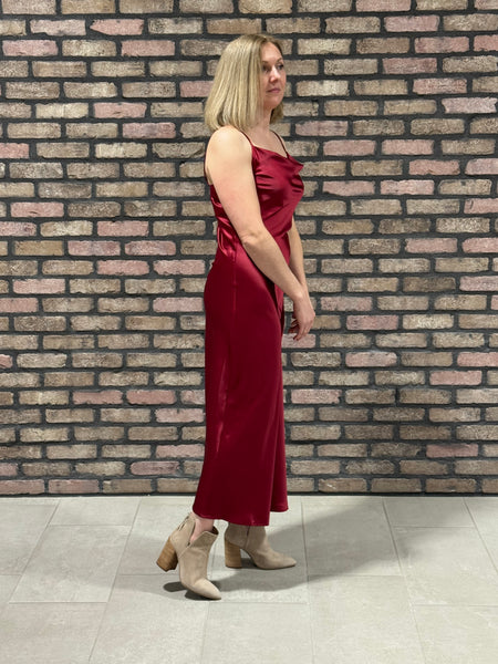 Satin Cowl Neck Midi Dress - Burgundy