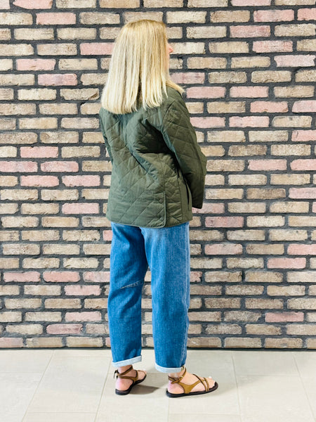 Lapel Collar Quilted Jacket - Dark Olive