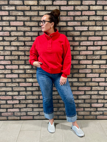 Fleece Half Snap Sweatshirt - Ruby