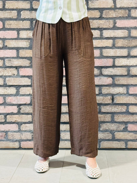Elastic Waist Textured Pants - Brown
