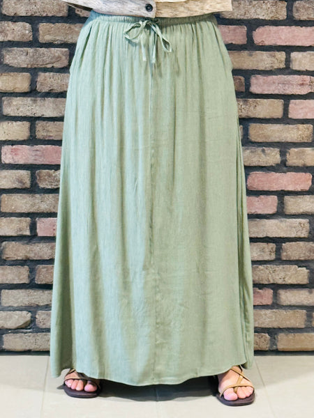 Crinkle Woven Long Skirt - Olive Green