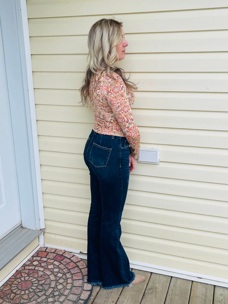 Floral Print Mesh Top - Cream/Gold