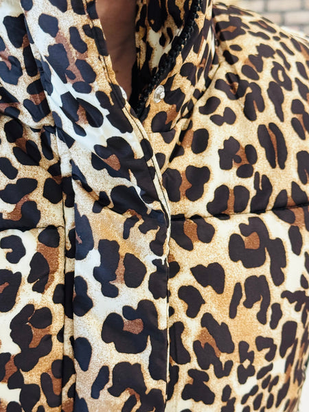 Leopard Print Puffer Vest - Camel