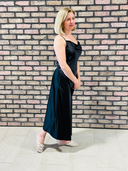 Satin Cowl Neck Midi Dress - Black