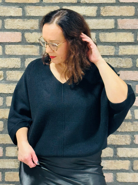 V-Neck Dolman Sweater - Black