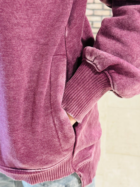 Acid Wash Fleece Pullover - Eggplant