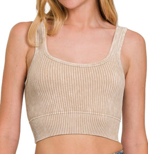 2 Way Neckline Ribbed Tank Top - Ash Mocha