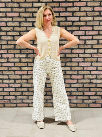 Ditsy Printed Wide Leg Jeans - Ivory