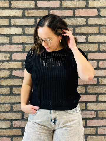 Crochet Sheer Hollow Sweater - Black