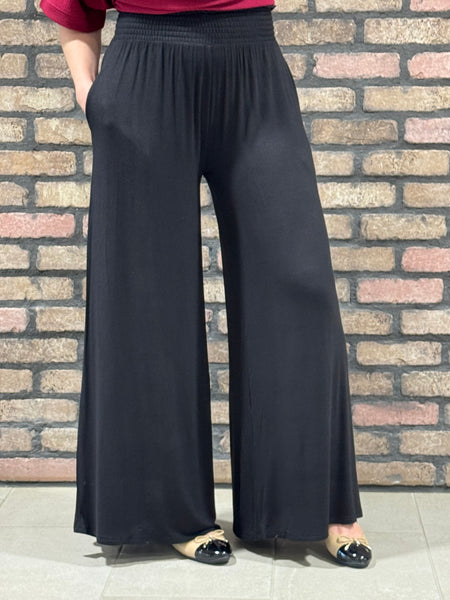 Smocked Waist Palazzo Pants - Black