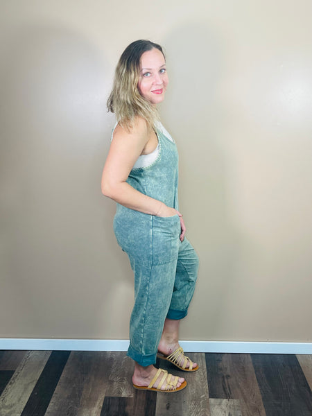 Washed Overalls with Pockets - Ash Jade