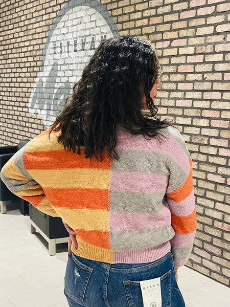 Multi Half Block Striped Sweater - Rust/Oat/Mauve/Taupe