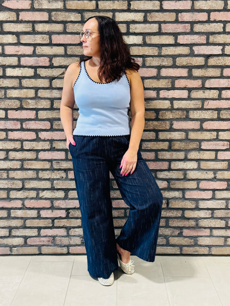 Elastic Waist Stripe Gauze Pants - Navy