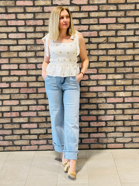 Tummy Control Ankle Wide Jeans - Light Wash
