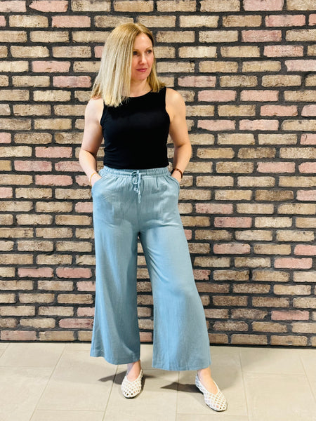 Wide Leg Linen Blend Pants - Blue Grey