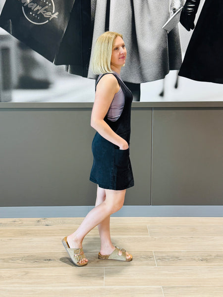 Washed Denim Overall Dress - Black