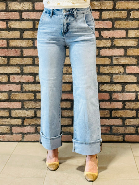 Tummy Control Ankle Wide Jeans - Light Wash
