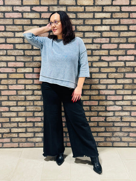 3/4 Sleeves Boxy Sweater - Dusty Blue