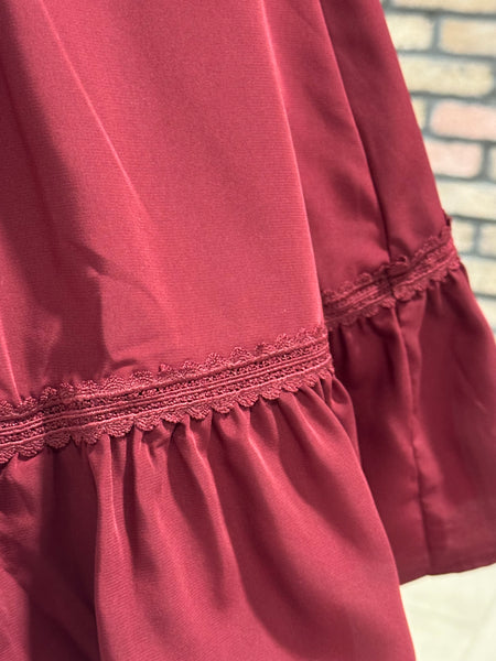 Lace Trim Square Neck Dress - Burgundy
