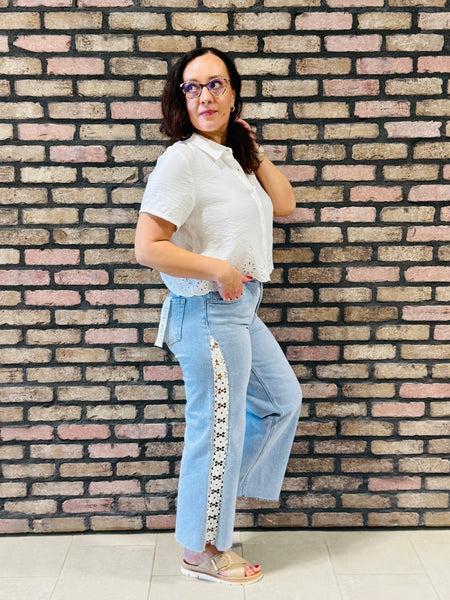 Eyelet Scalloped Hem Woven Top - Ivory