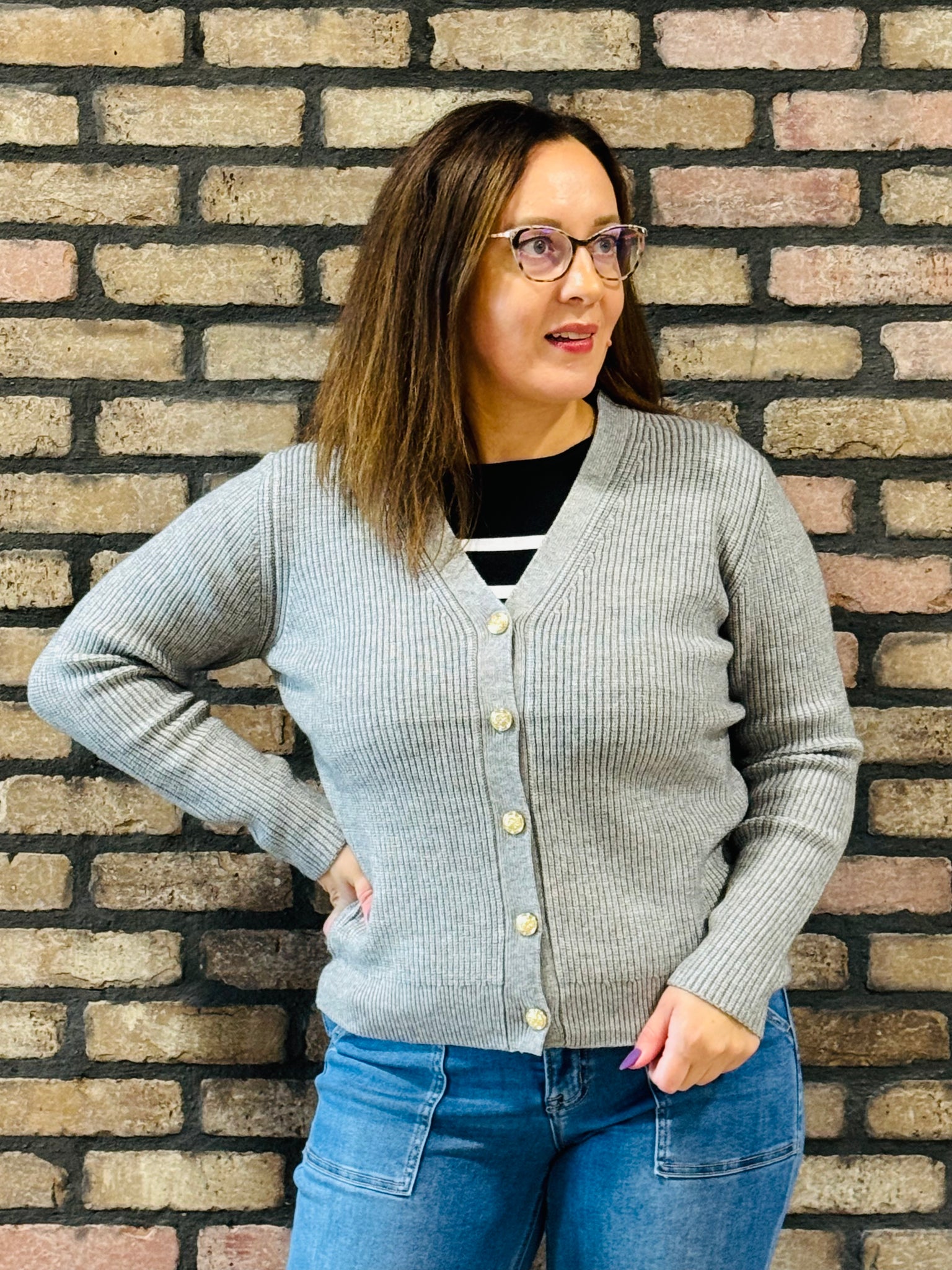 Button Down Ribbed Cardigan - H Grey