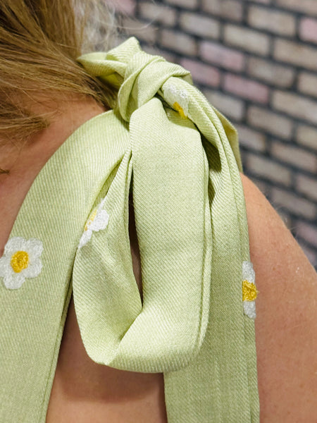 Daisy Embroidery Smocked Top - Light Olive